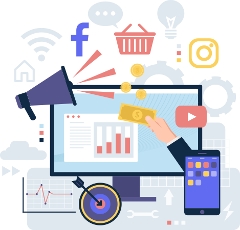 Illustration of digital marketing: a megaphone, social media icons, analytics on a screen and a target
