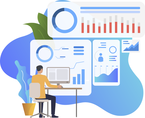 Illustration of a marketer at a desk surrounded by analytics dashboards
