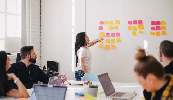 Team planning a campaign with sticky notes on a wall